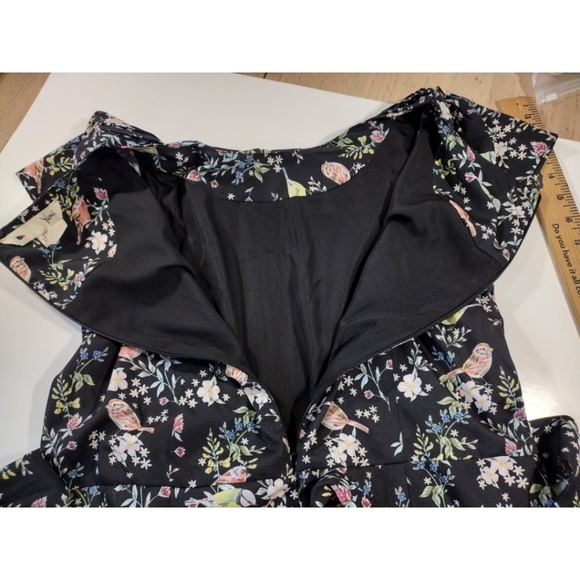 Yumi black pleated dress with quirky bird print and back zip size M - Picture 10 of 10